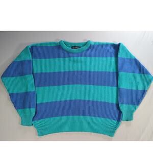 VTG LochMist Sweater Mens L Striped Blue Green Knit Crewneck Made In USA